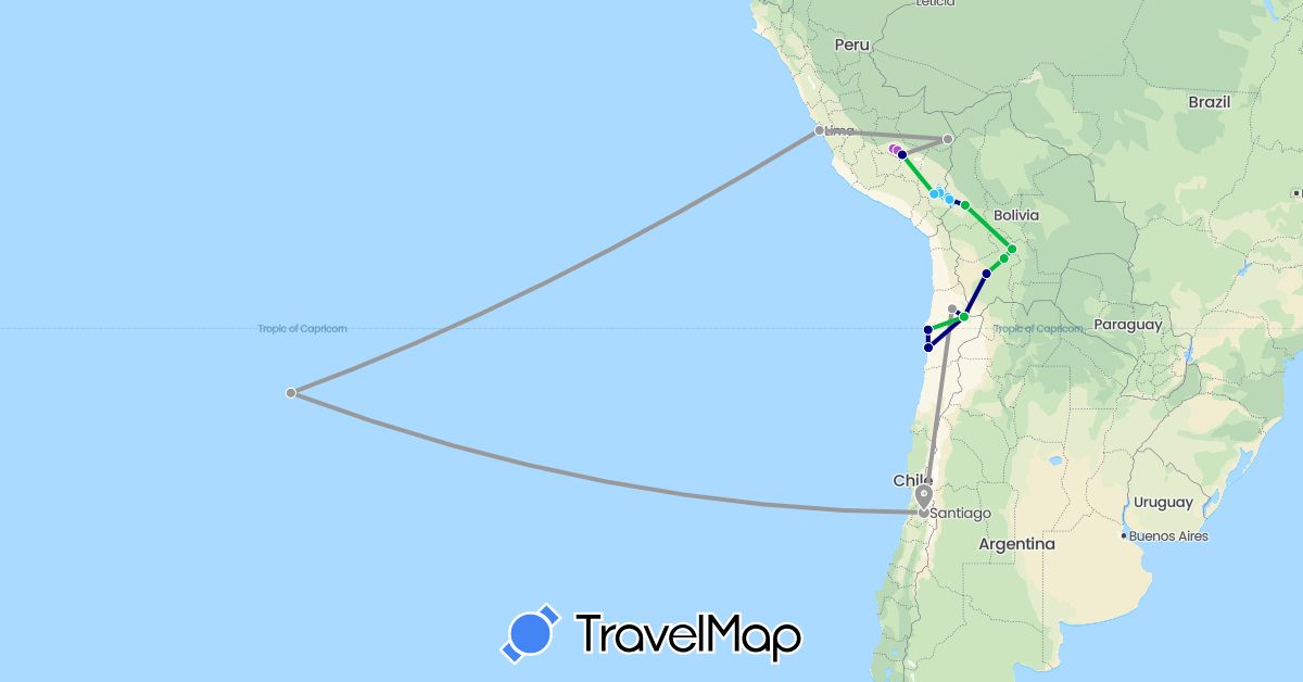TravelMap itinerary: driving, bus, plane, train, boat in Bolivia, Chile, Peru (South America)