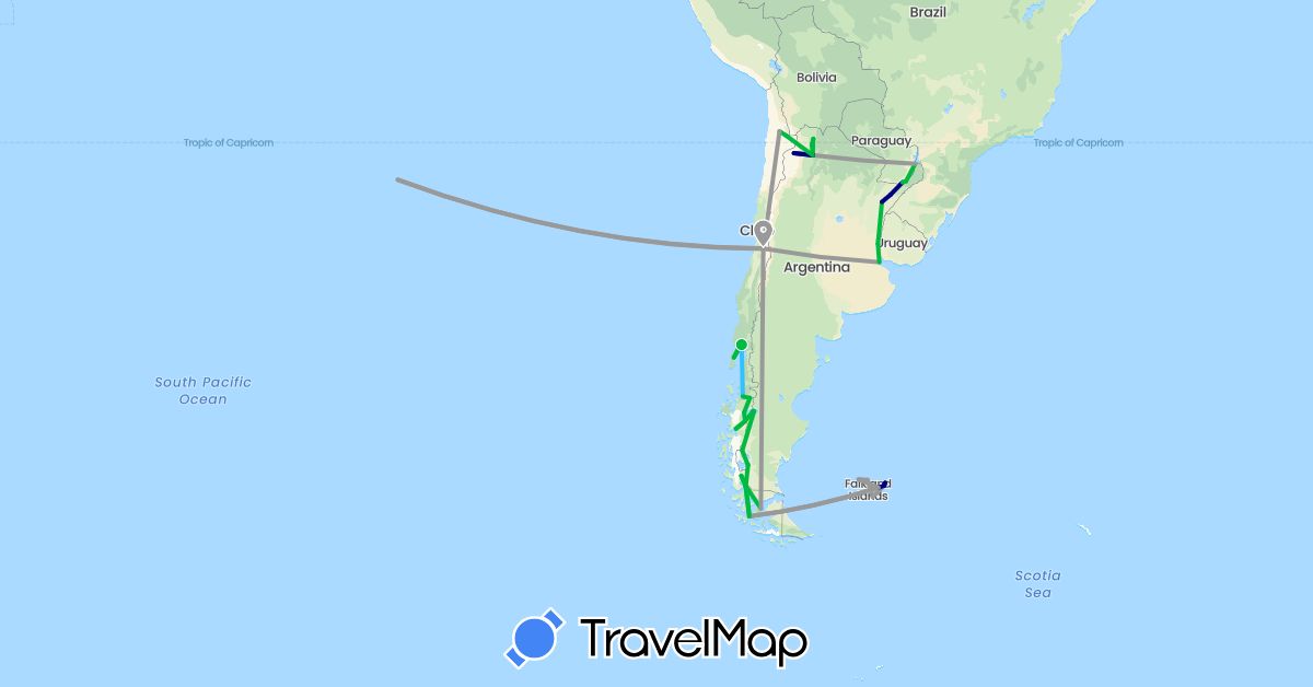 TravelMap itinerary: driving, bus, plane, boat in Argentina, Chile, Falkland Islands (South America)